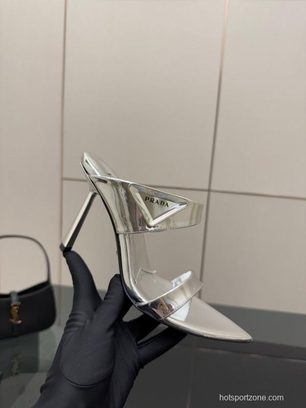 2025 Women Prada Silver Leather Pointed Toe Sandals