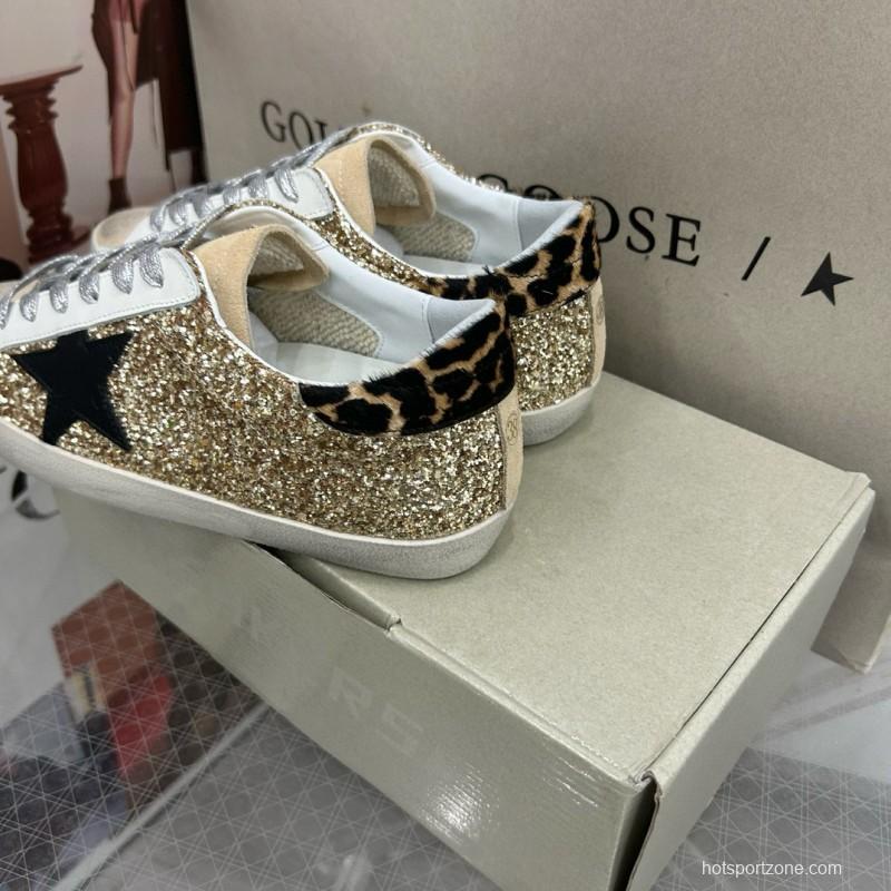 2025 Women GGDB Gold Glitter Black Leather Star Leopard Print Suede Sneakers