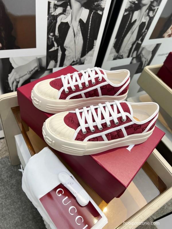 2025 Women Gucci Burgundy Canvas Rubber Sole Thick Platform Sneakers Handcrafted LY00270