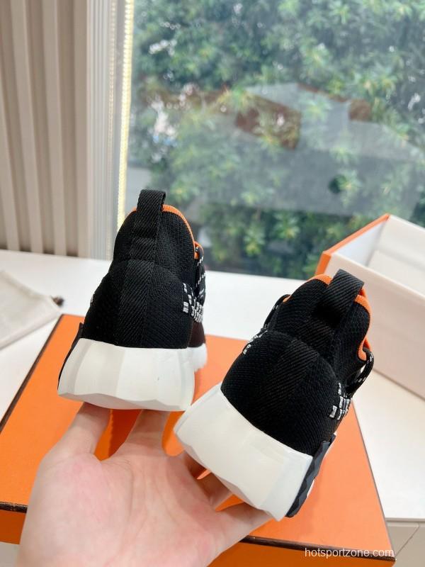 2024 Unisex Hermès Black White Orange Calfskin Suede Sneakers MJ00290
