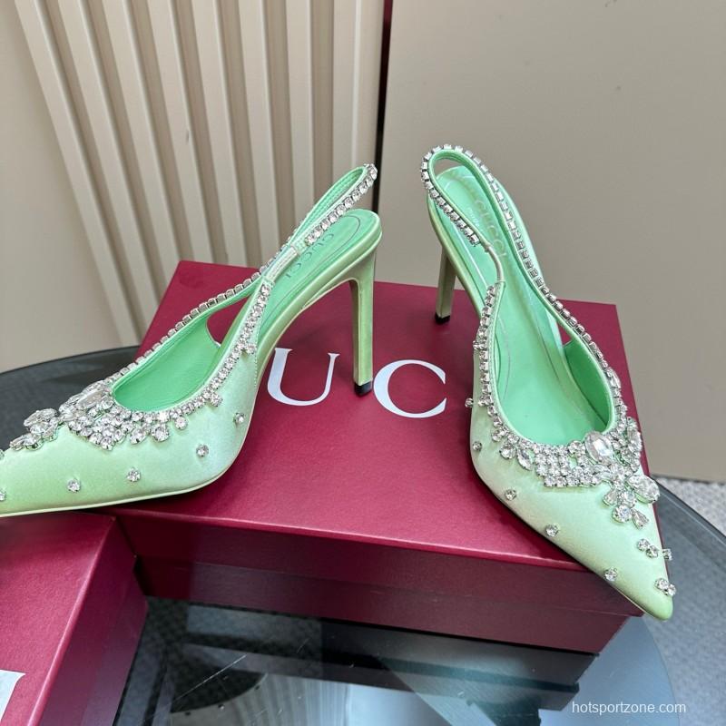 2025 Women Gucci Light Green Satin High Heel Slingback Rhinestone MJ00340