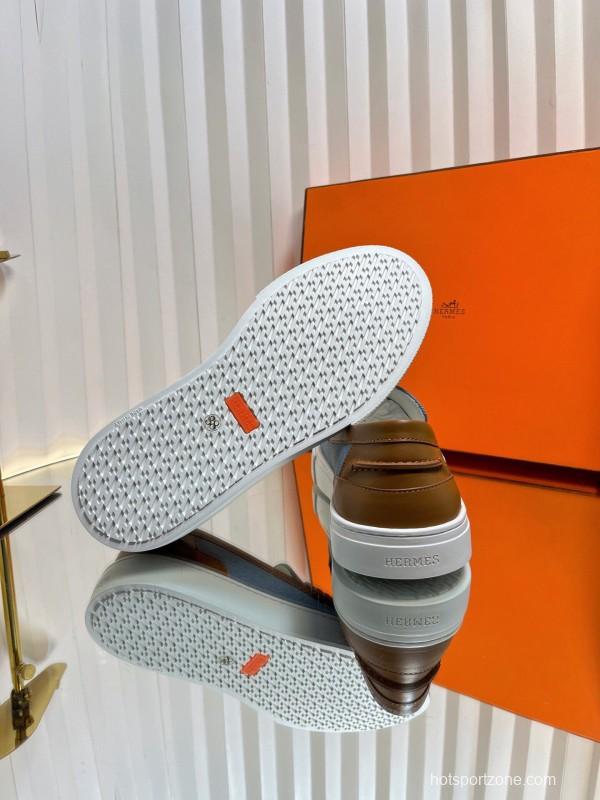 2025 Women Hermès Blue Brown Leather Canvas Loafer LY00310