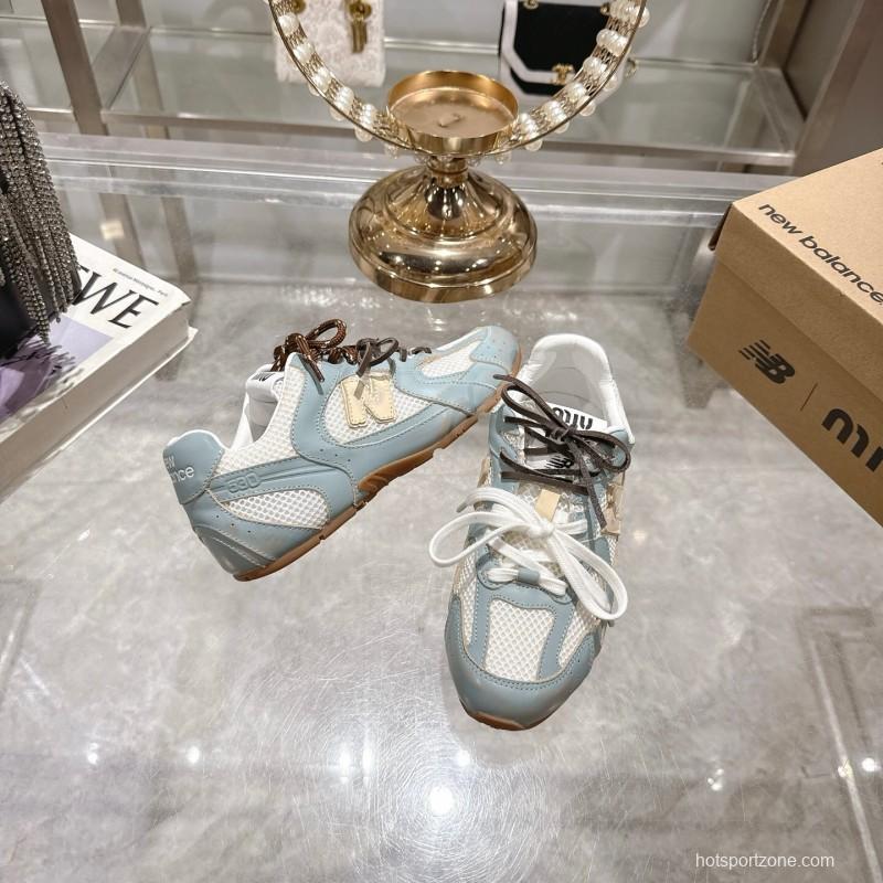 2025 Women Miumiu Light Blue White Leather Mesh Sneakers