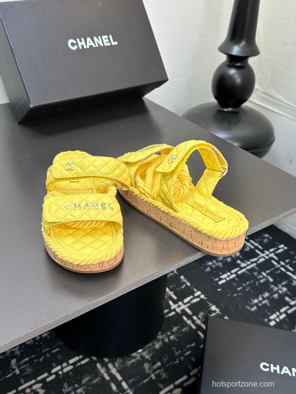 2025 CHANEL Yellow Quilted Fabric Slippers