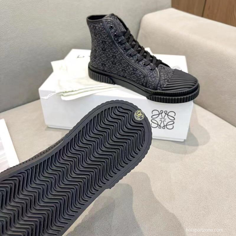 2025 Women Loewe Black Fabric Leather High-Top Sneakers LY00291