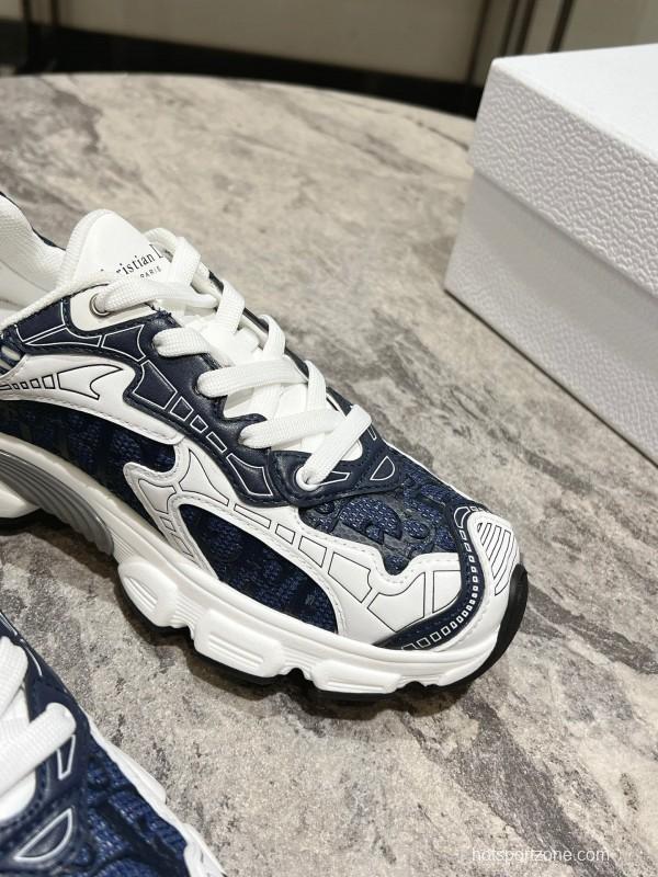 2025 Women Dior Navy White Mesh Leather Sneakers KFY00370