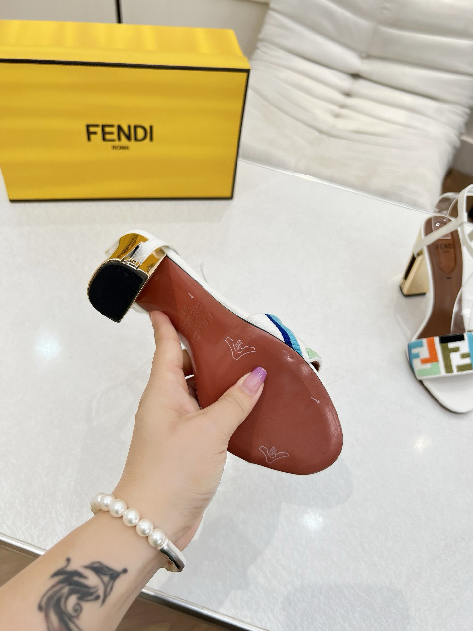 2025 Women Fendi White Blue Orange Fabric Leather High Heel Sandals MJ00280