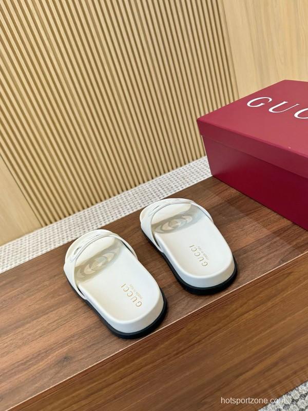 2025 Women Gucci White Leather Slippers GG Logo LY00230