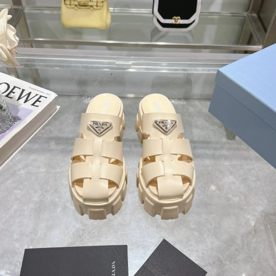 2025 Women Prada Beige Leather Platform Sandals LY00250