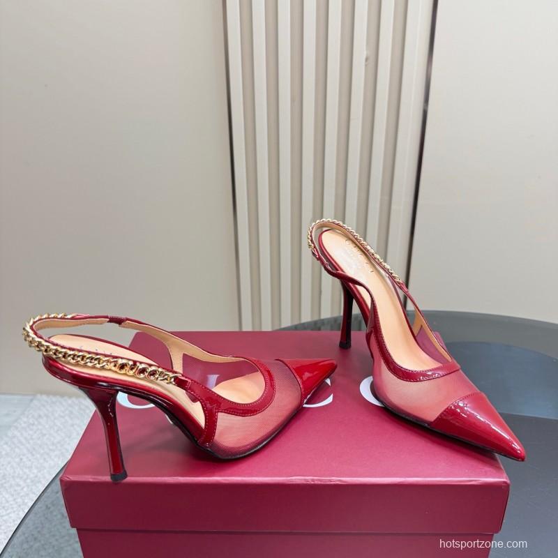 2025 Women Gucci Red Patent Leather Pointed Toe Slingback High Heel Pumps With Chain Detail KFY00300(F)
