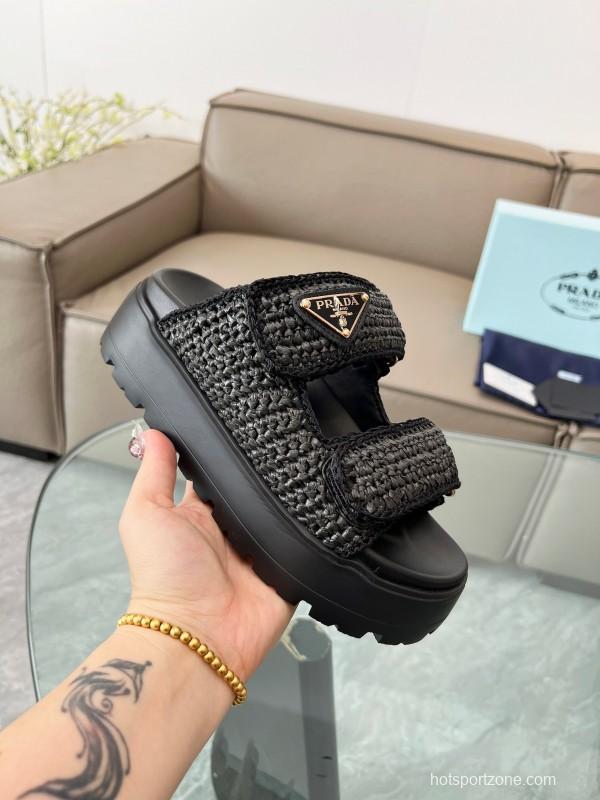 2025 Prada Black Woven Leather Slippers LY00290