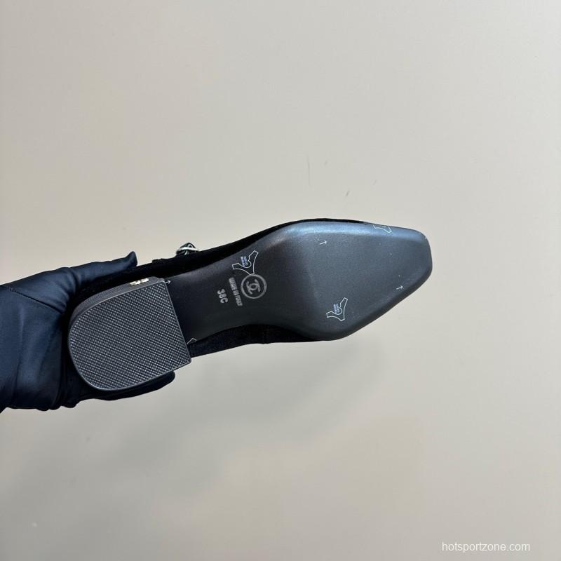 2025 Women Chanel Black Velvet Leather Mary Jane