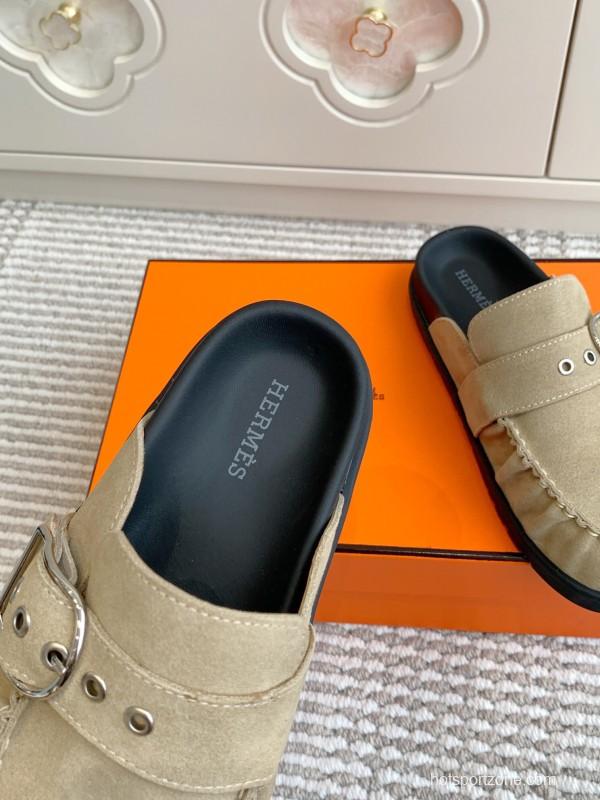 2025 Women Hermès Beige Suede Mule Loafers KFY00290