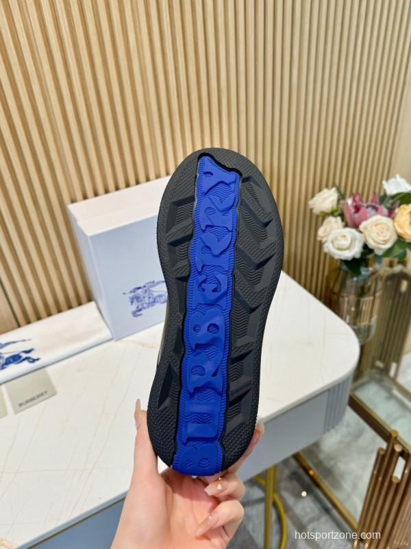 2024 Men BURBERRY Black Blue Calf Leather Sneakers MJ00330