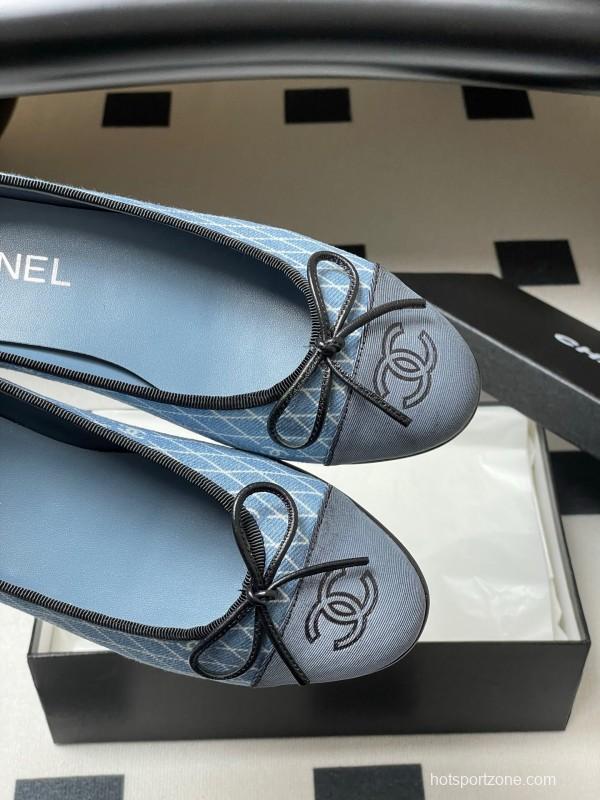2025 Women Chanel Blue Denim Ballet Flats KFY00300