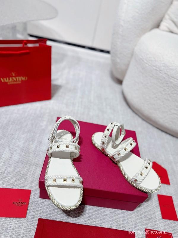 2025 Women Valentino White Leather Sandals Studded LY00250