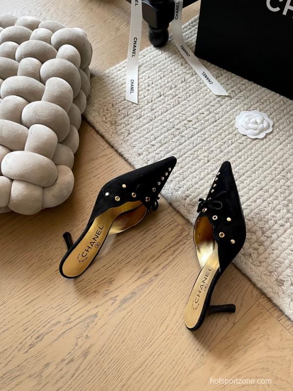 2025 Women Chanel Black Suede Pointed Toe Studded Mules