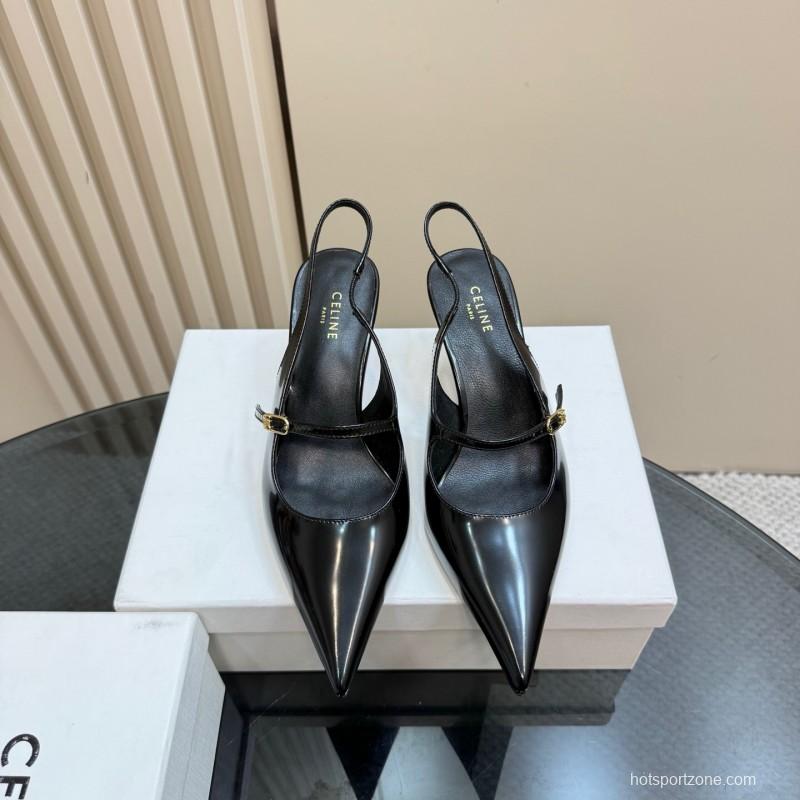 2025 Women Celine Black Patent Leather Slingback Pointed Toe Heels KFY00310