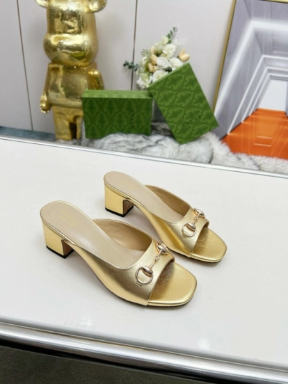 2025 Women Gucci Gold Leather Heeled Slip-On Horsebit MJ00180