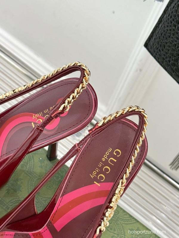 2025 Women Gucci Burgundy Patent Leather Slingback Chain High Heel KFY00300
