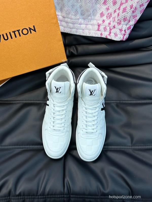2024 Men Louis Vuitton White Black Leather High-Top Sneakers MJ00420