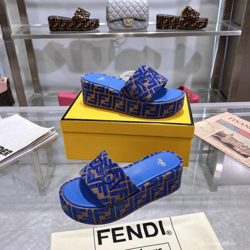 2025 Slippers Fendi Blue Brown Fabric FF Jacquard Platform