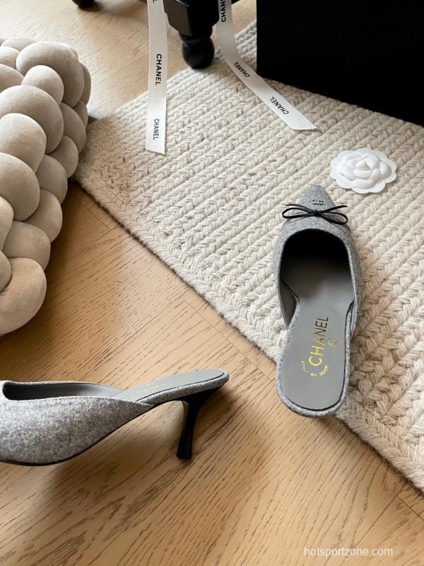 2025 Women Chanel Grey Fabric Pointed Toe Mules KFY00290