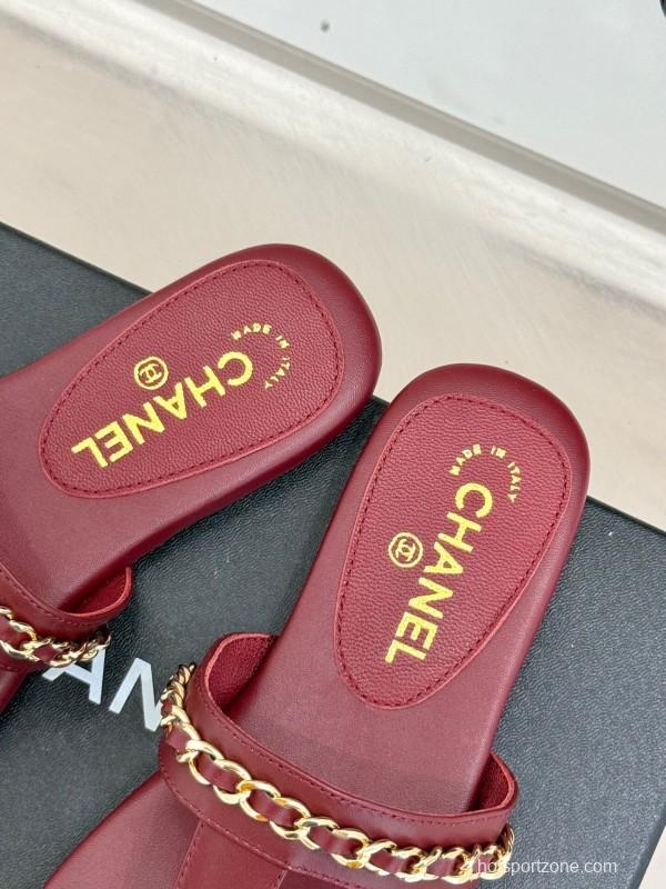 2025 Women Chanel Red Lambskin Chain Sandals KFY00250