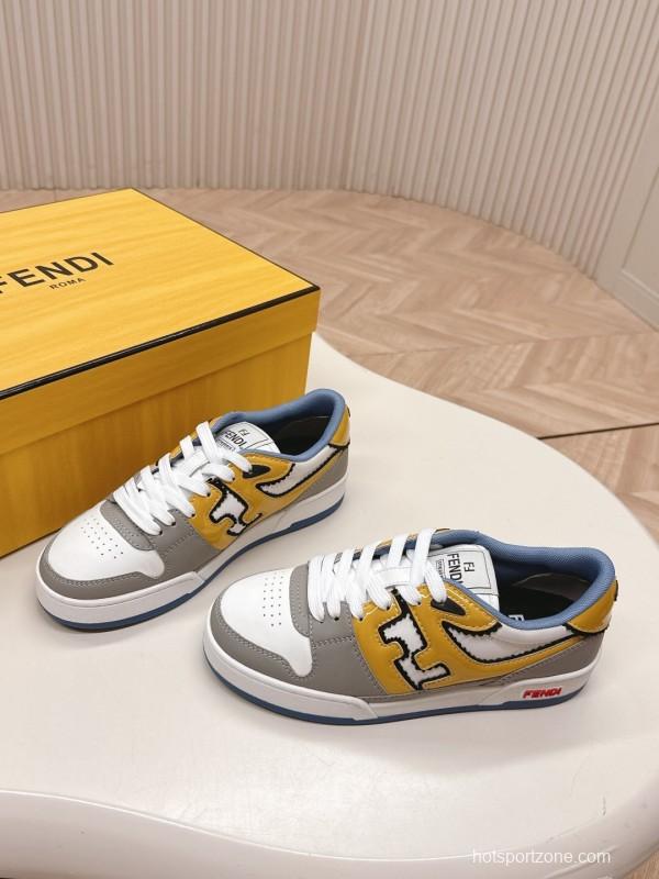 2025 Unisex Fendi White Yellow Grey Leather Sneakers FD Match LY00360(F)/LY00370(M)