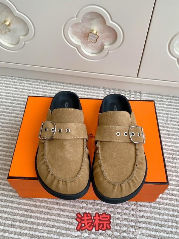 2025 Women Hermès Light Brown Suede Mule Handmade KFY00290