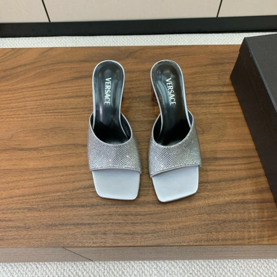 2025 Women VERSACE Silver Leather Slippers