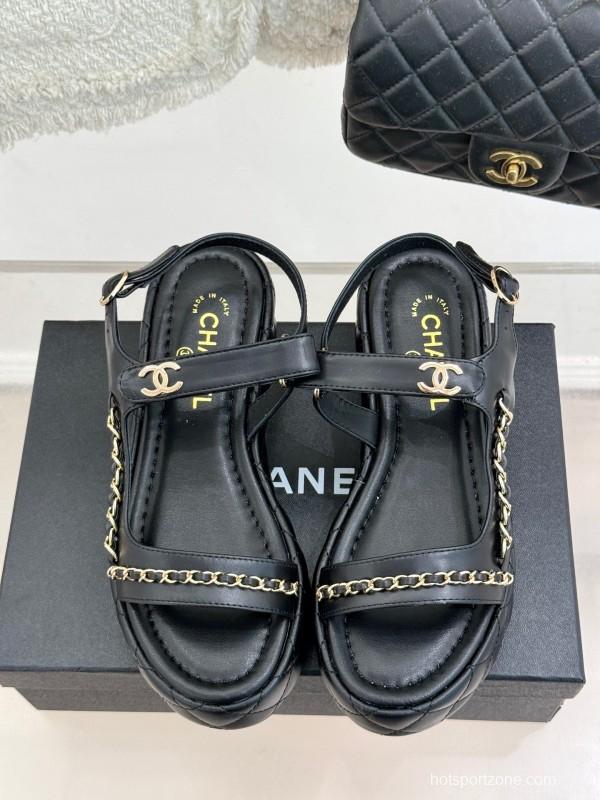 2025 Women Chanel Black Lambskin Platform Sandals Chain KFY00270