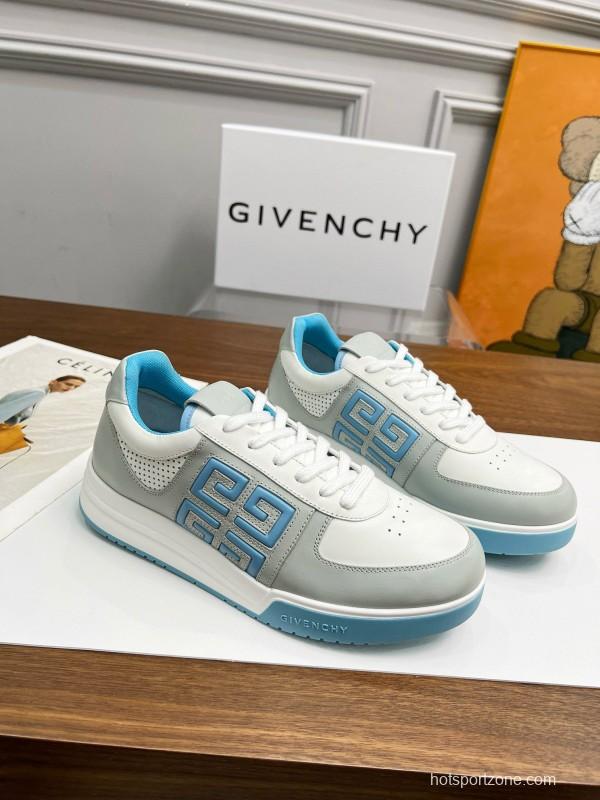 2024 Unisex Givenchy White Light Blue Silk Calf Leather Low Top Sneakers MJ00380