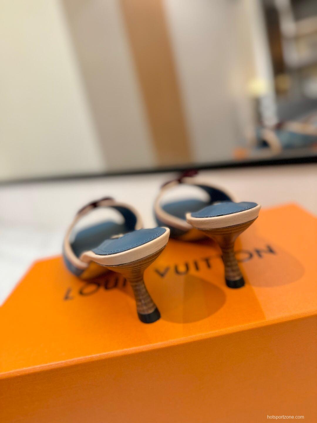 2025 Women Louis Vuitton Blue Denim Leather Sandals KFY00310