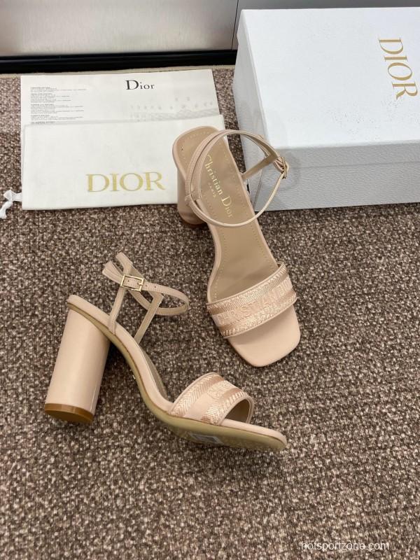 2025 Women Dior Beige Fabric Leather High Heel Sandals