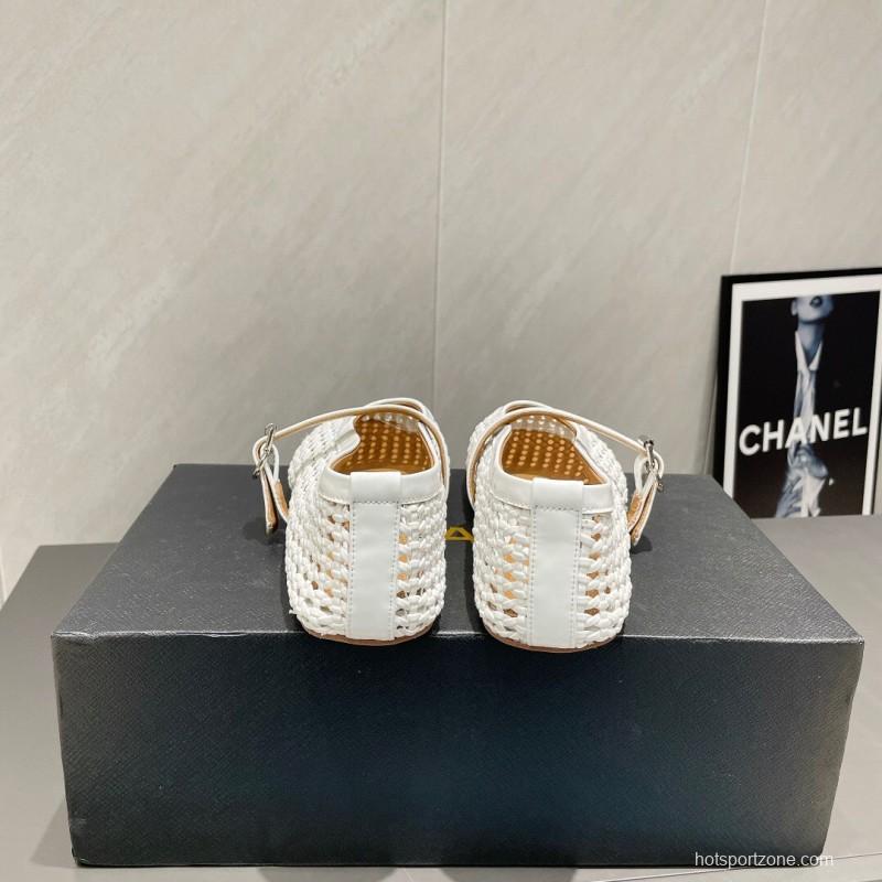2025 Women Alaïa White Woven Leather Flat Mary Jane Shoes LY00360(F)