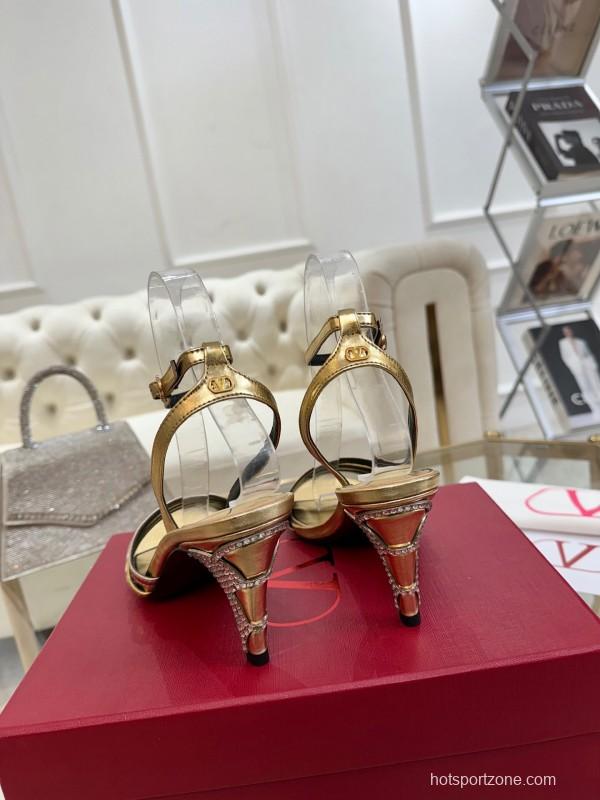 2025 Women Valentino Gold Leather Sandals LY00310