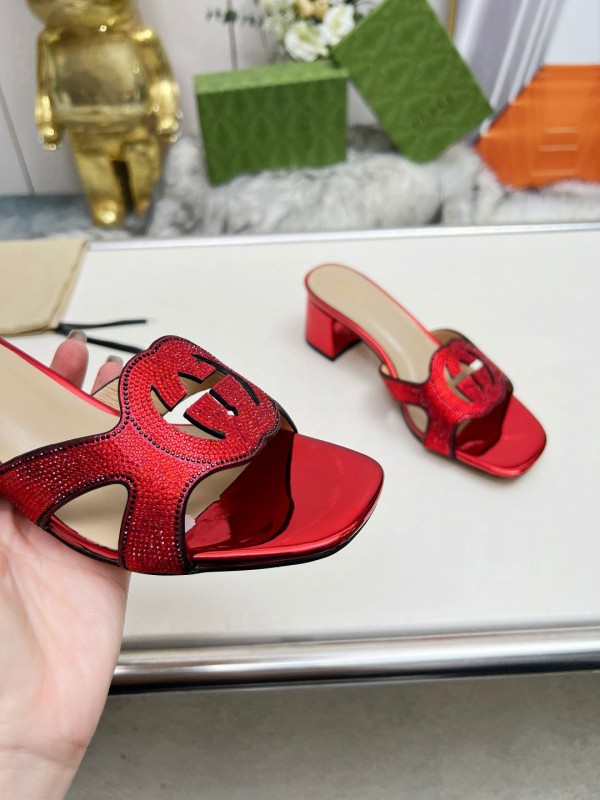 2025 Women Gucci Red Leather Slippers MJ00190