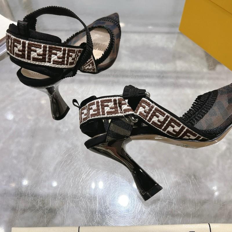2025 Women Fendi Black Beige Mesh Leather Heels MJ00280
