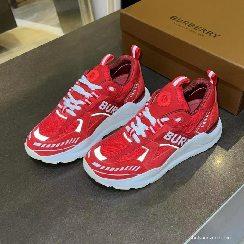 2025 Unisex Burberry Red Suede Leather Mesh Platform Sneakers MJ00380