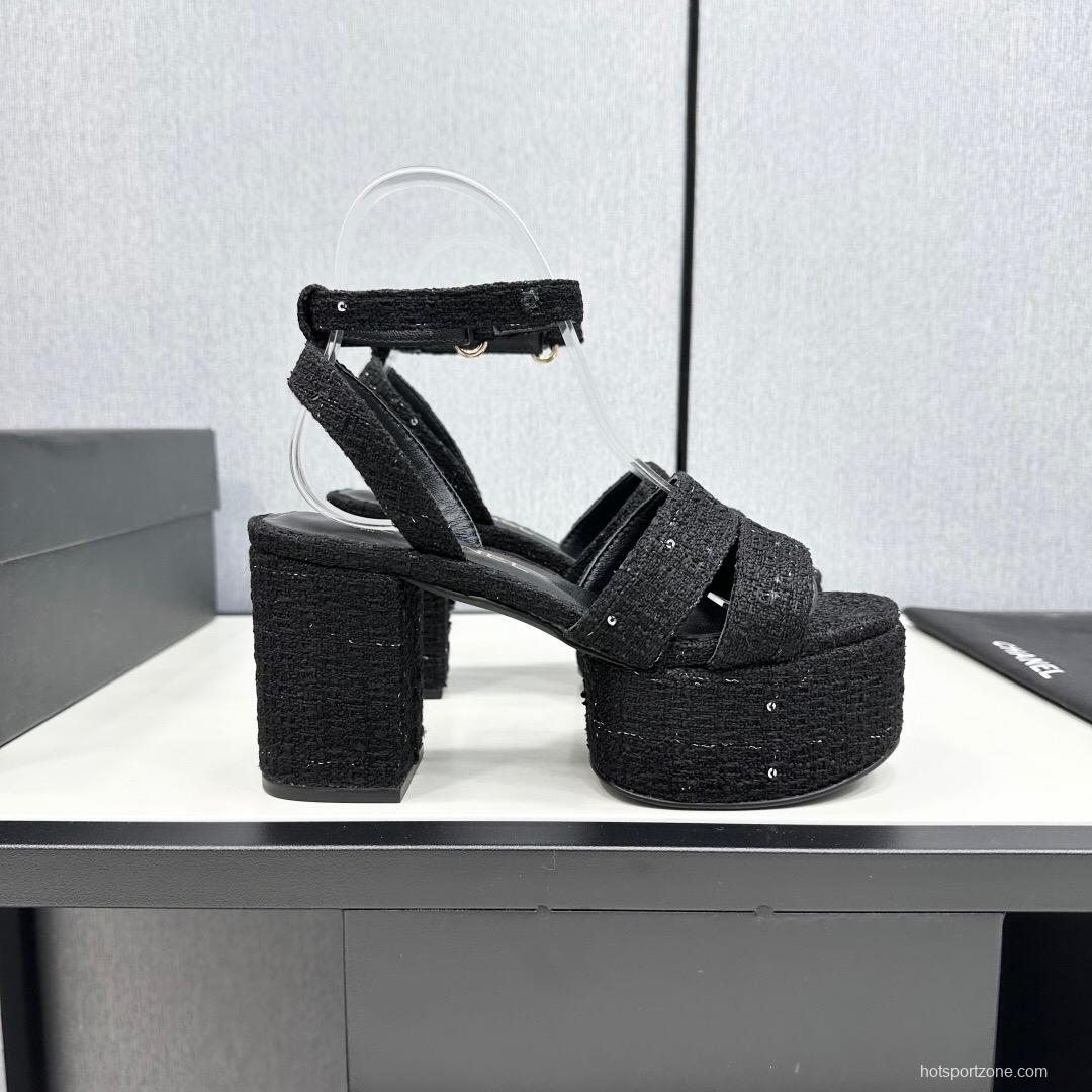 2025 Women Chanel Black Fabric Platform Sandals KFY00310