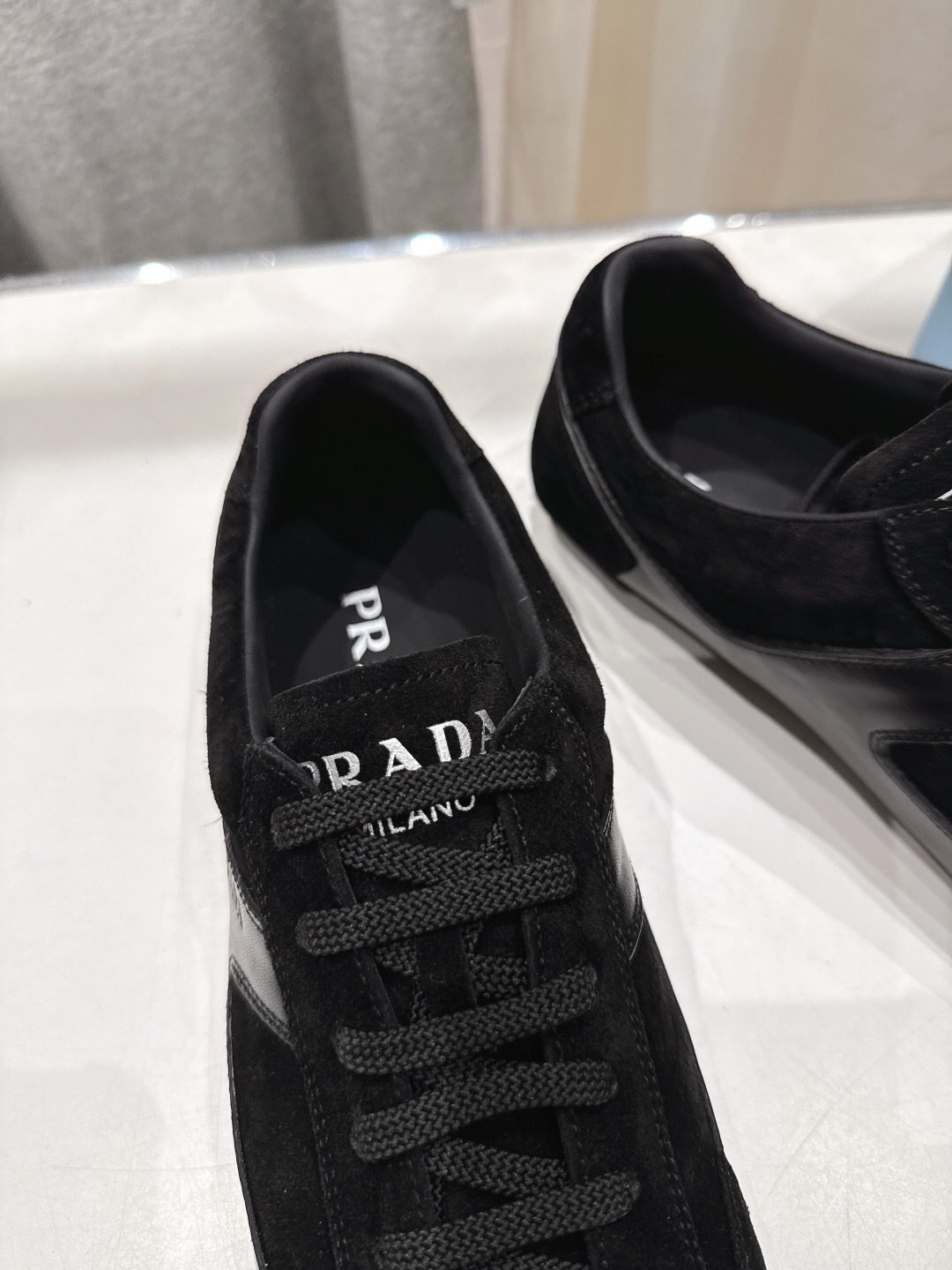 2025 Unisex Prada Black Suede Leather Casual Shoes KFY00300