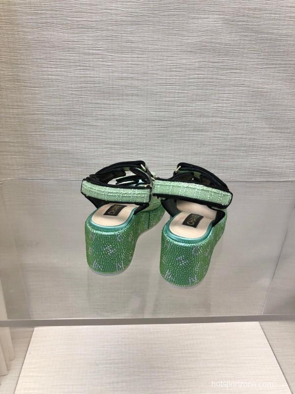 2025 Slippers Chanel Mint Green Textile Platform Sandals LY00330