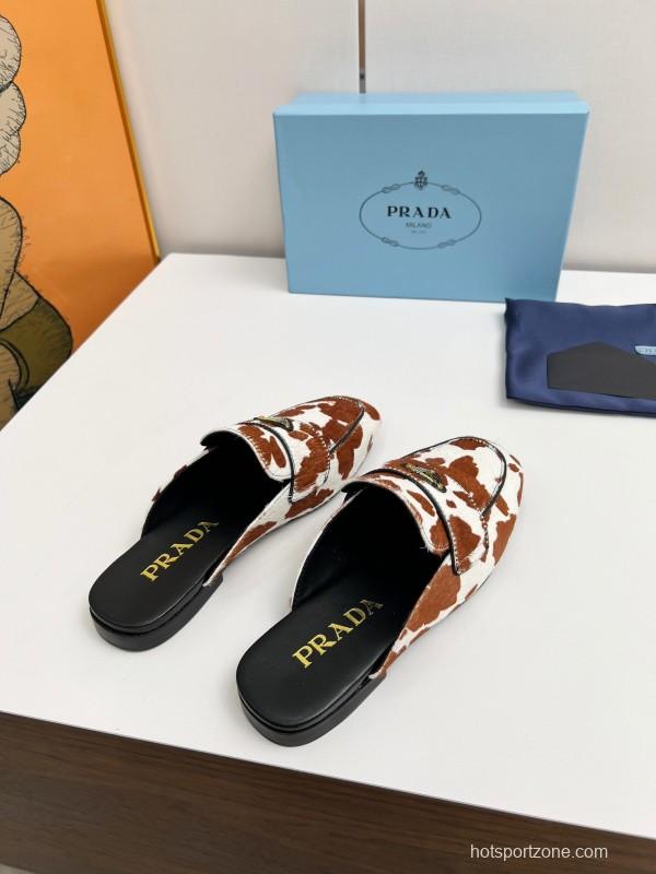 2025 Women Prada Brown White Calf Hair Leather Slippers LY00260