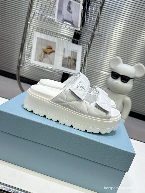 2025 Women Prada White Leather Sandals