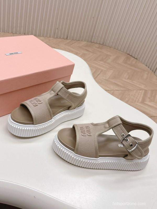 2025 Women Miu Miu Beige Canvas Sandals Buckle LY00360