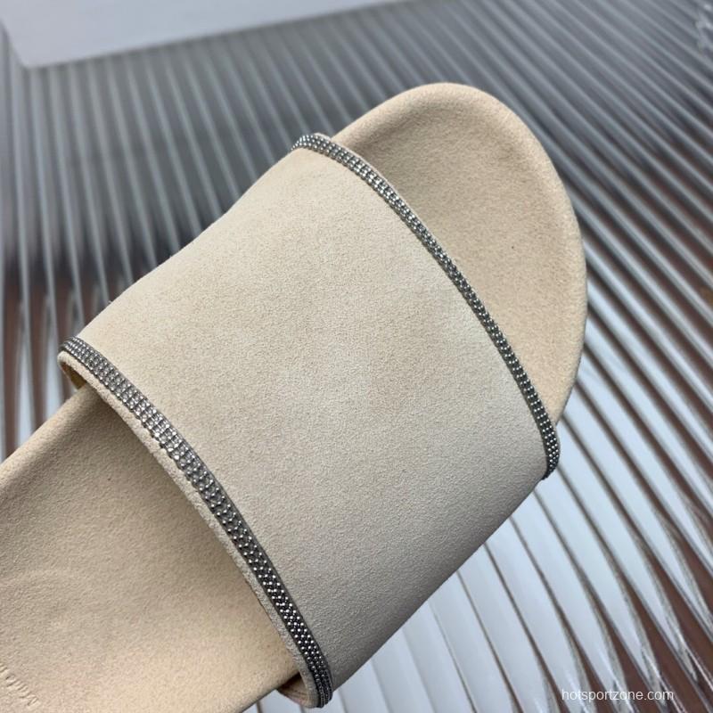 2025 Women Brunello Cucinelli Beige Suede Flat Slide Sandals Handmade Detailing KFY00240 (F)