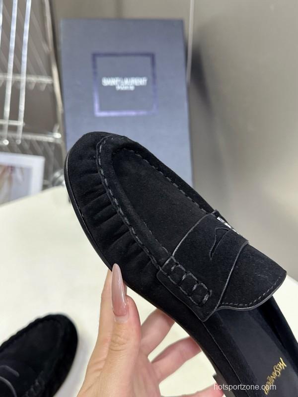 2025 Women Yves Saint Laurent Black Suede Loafers KFY00330