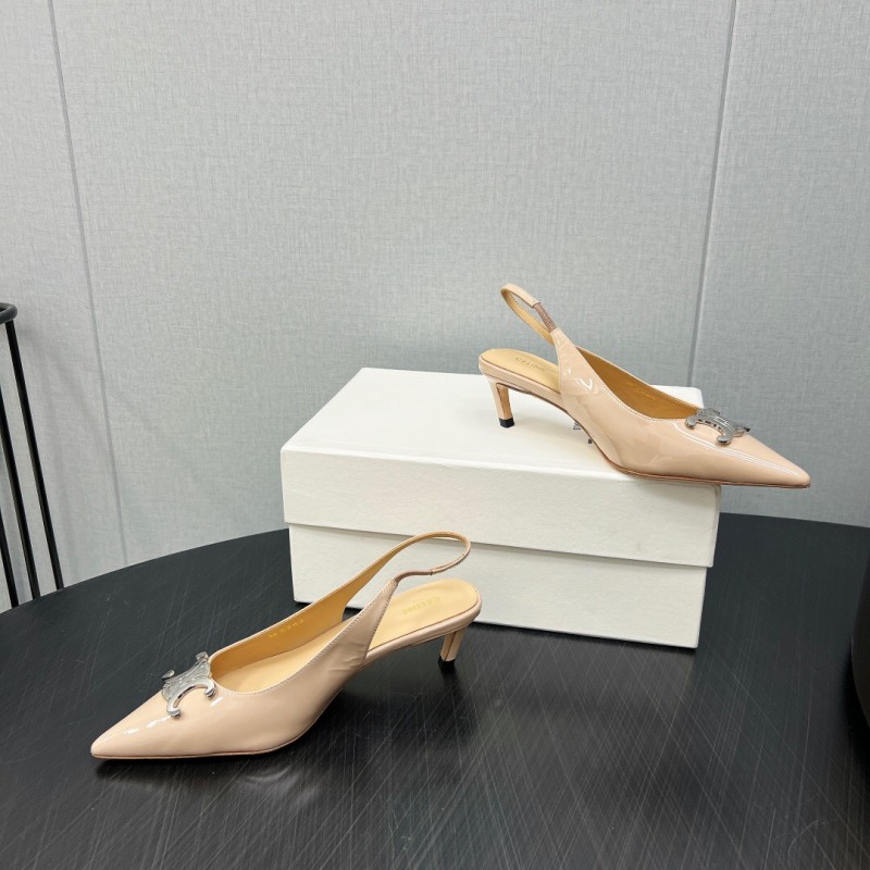 2025 Women Celine Beige Leather Slingback Shoes Metal Buckle