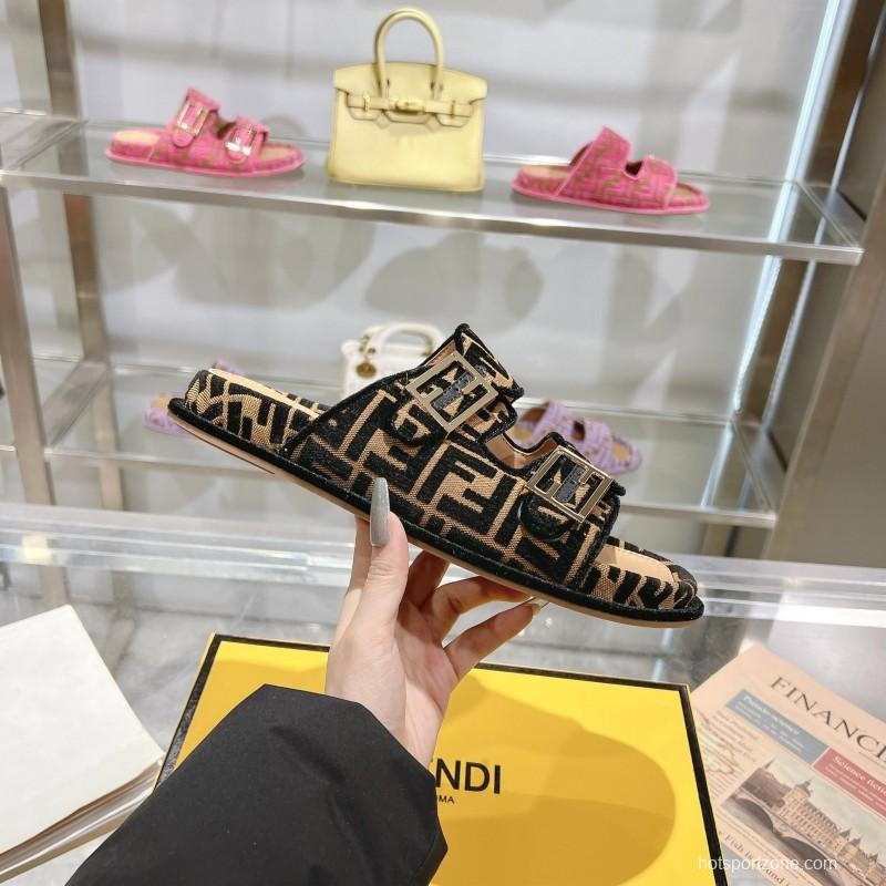 2025 Fendi Black Beige Fabric Slippers FF Buckle KFY00250